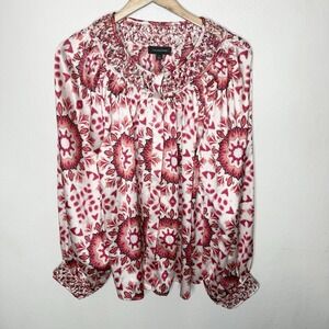 New Calligraphie Satin Floral Red Pink White Button Up Blouse Womens Large